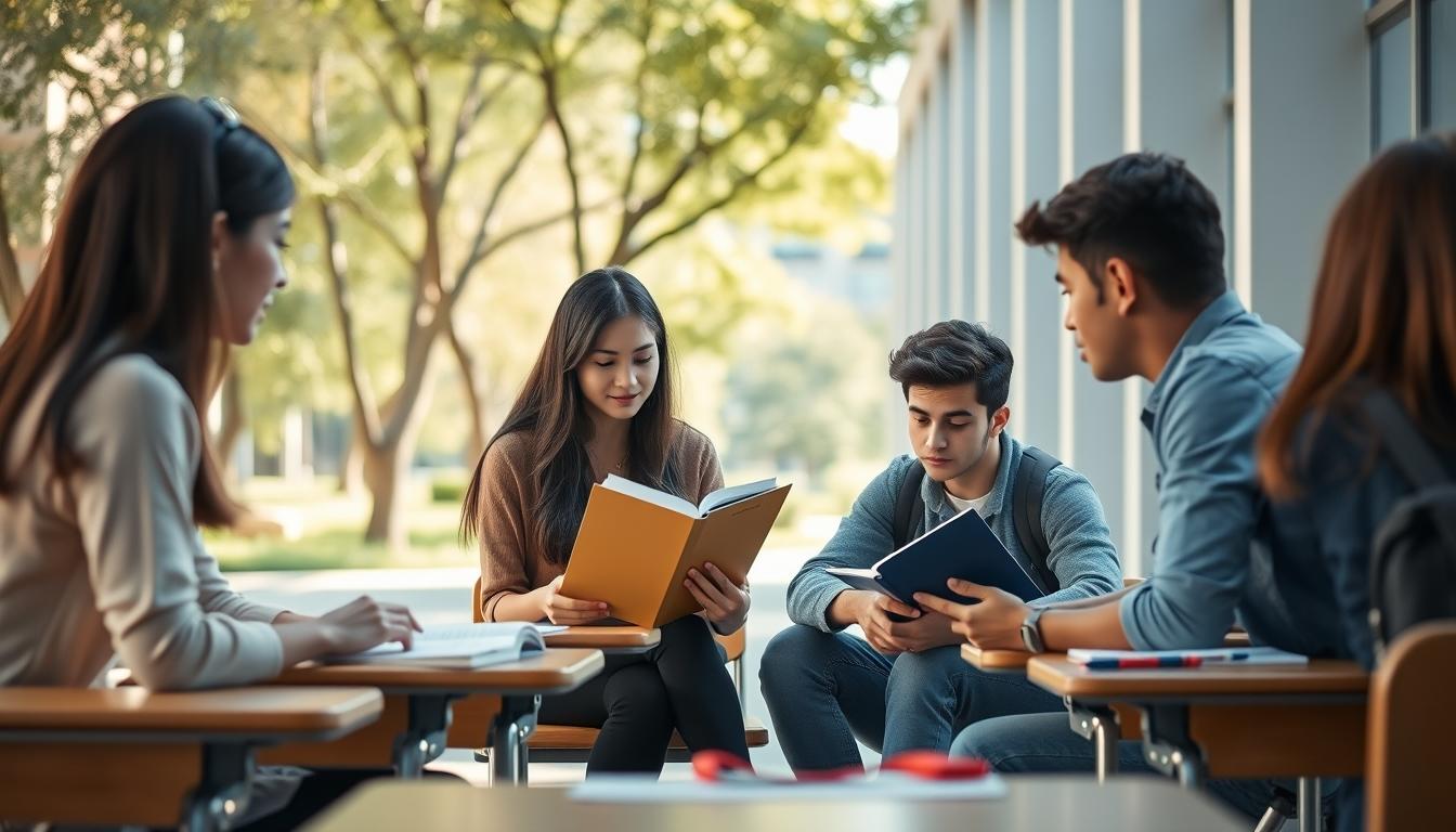 Students studying together in modern classroom